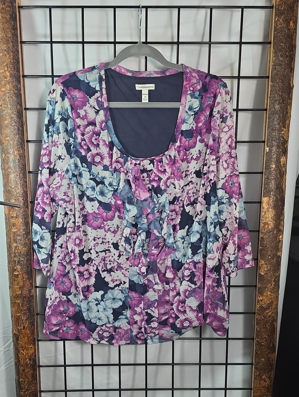 Studio Works Navy, Purple & Light Blue Floral Ruffle Tunic Top